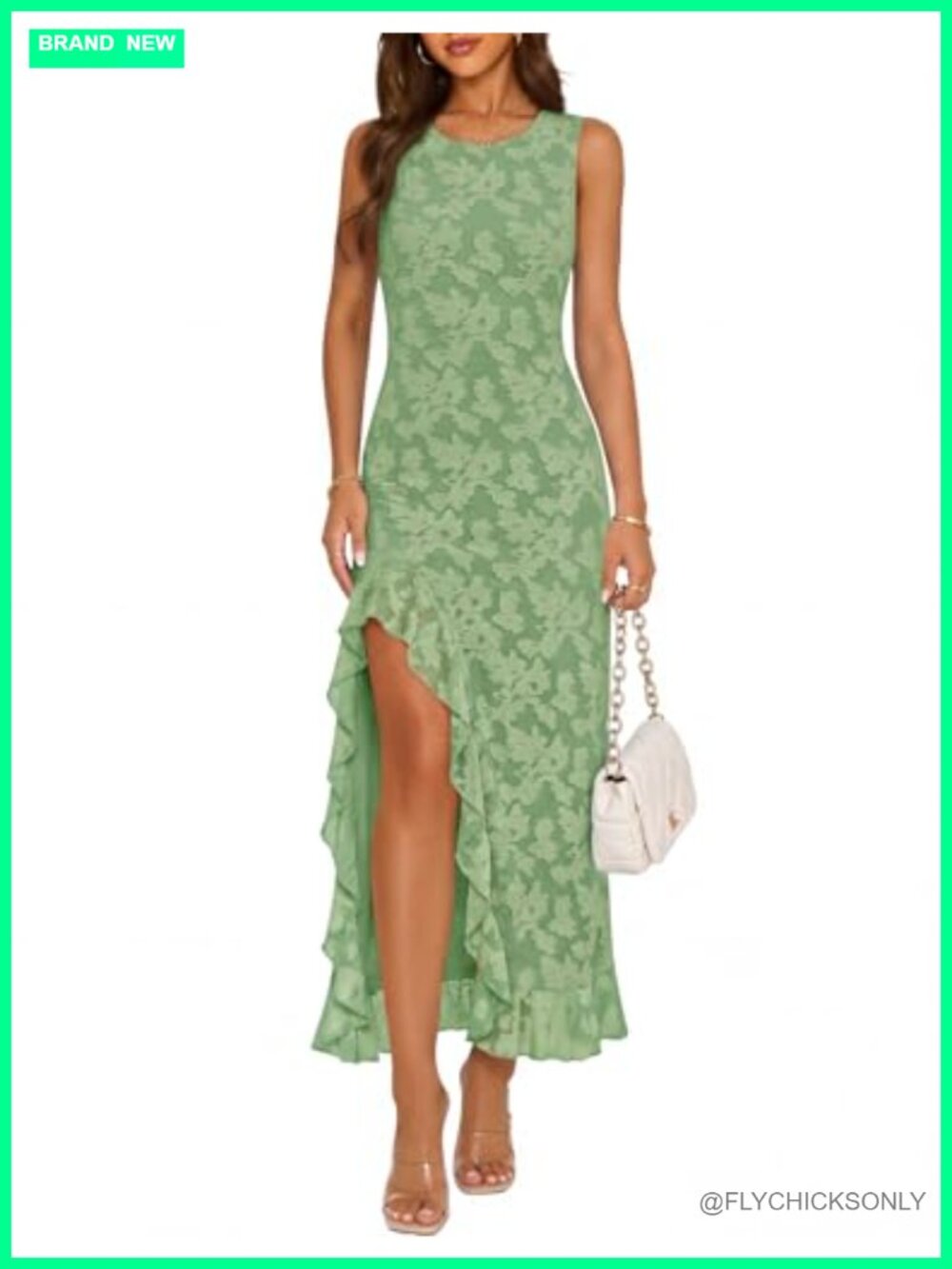 Sleeveless Crewneck Floral Maxi Dress High Slit Ruched Bodycon
